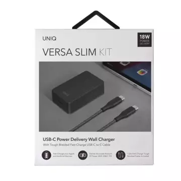 UNIQ Ładowarka sieciowa Versa Slim  USB-C PD 18W + kabel USB-C na USB-C czarny/charcoal black (LITHOS Collective)