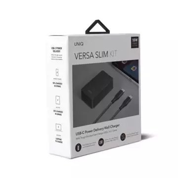 UNIQ Ładowarka sieciowa Versa Slim  USB-C PD 18W + kabel USB-C na USB-C czarny/charcoal black (LITHOS Collective)