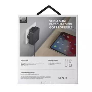 UNIQ Ładowarka sieciowa Versa Slim  USB-C PD 18W + kabel USB-C na USB-C czarny/charcoal black (LITHOS Collective)