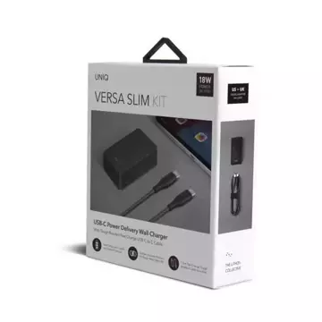 UNIQ Ładowarka sieciowa Versa Slim  USB-C PD 18W + kabel USB-C na USB-C czarny/charcoal black (LITHOS Collective)