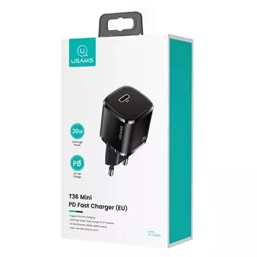 USAMS Ładowarka sieciowa 1x USB-C T36 mini 20W + kabel USB-C-Lightning czarny/black PD3.0 Fast Charging XFKXLOGTL01 (US-CC124+US-SJ484)