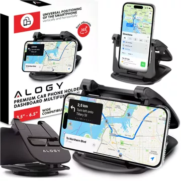 Uchwyt samochodowy na telefon gps kokpit deskę samochodu auta obrotowy 360 stopni do telefonu 6.5" Alogy Czarny