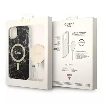 Zestaw Guess GUBPP14SHMEACSK Case+ Charger iPhone 14 6,1" czarny/black hard case Marble MagSafe