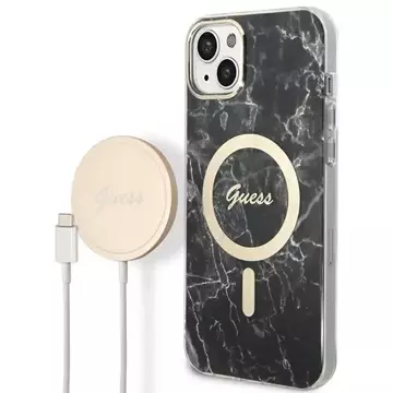 Zestaw Guess GUBPP14SHMEACSK Case+ Charger iPhone 14 6,1" czarny/black hard case Marble MagSafe