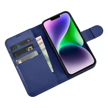 iCarer Wallet Case 2in1 etui iPhone 14 Plus skórzany pokrowiec z klapką Anti-RFID niebieski (WMI14220727-BU)