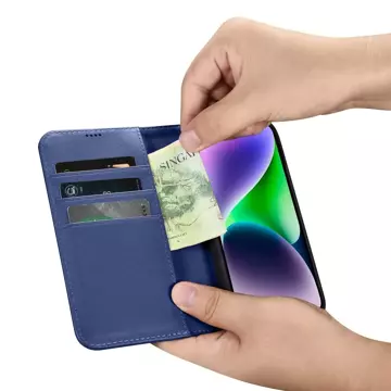 iCarer Wallet Case 2in1 etui iPhone 14 Plus skórzany pokrowiec z klapką Anti-RFID niebieski (WMI14220727-BU)