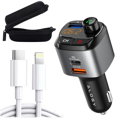 Alogy FM vysielač do auta USB nabíjačka QC 3.0 USB-C PD Bluetooth MP3 prehrávač 1m kábel USB-C do púzdra Lightning