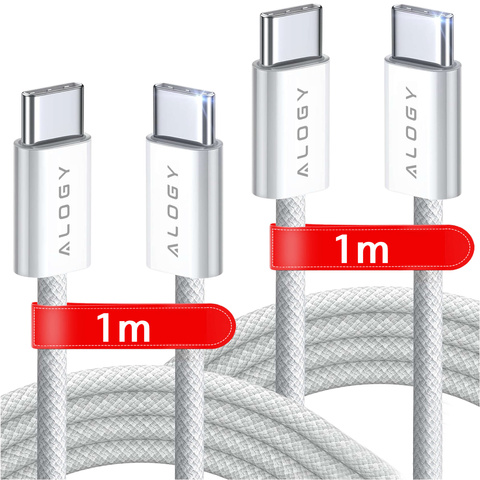 2x kábel USB-C typu C Silný rýchly 60W PD 1M pre iPhone 15/Pro/Max Alogy nylonový kábel biely [2ks]