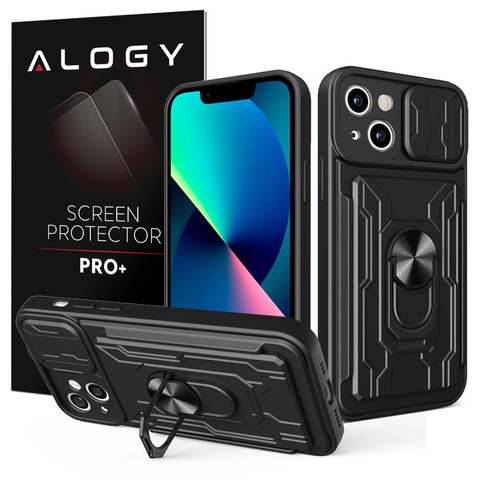 Puzdro na peňaženku Alogy Camshield Stand Ring s krytom fotoaparátu a slotom na kartu pre Apple iPhone 14 Plus čierne sklo