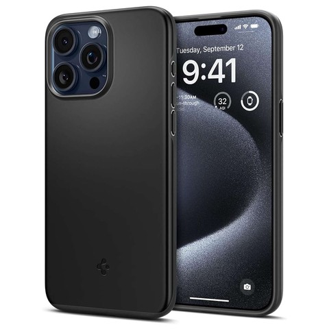 Puzdro na iPhone 15 Pro Spigen Tin Fit Case, ochranná zadná strana na telefón, čierne sklo