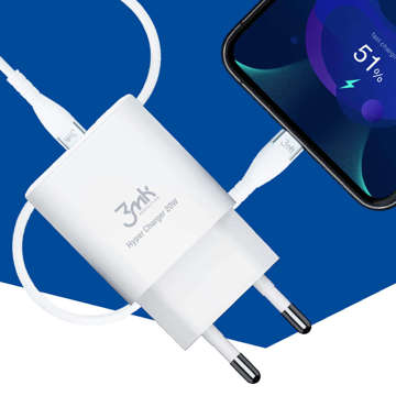 3mk Hyper Charger USB USB-C 20W PD rýchla nástenná nabíjačka Biela