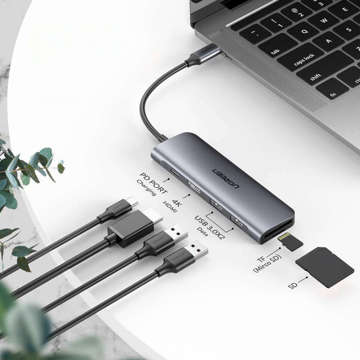 Adaptér 6w1 UGREEN CM195 ​​Hub USB-C do 2x USB 3.0, HDMI, SD/microSD, 100W (szary)