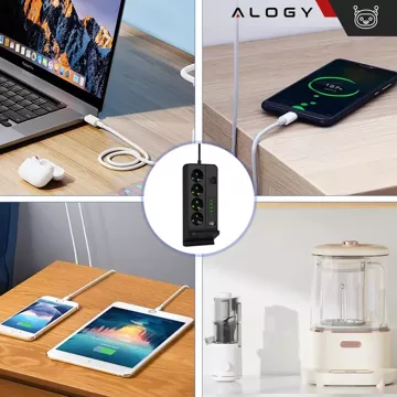 Alogy Plug Extender zásuvka splitter splitter adaptér predlžovací kábel s Qi indukčnou nabíjačkou 4x EU zástrčka 4x USB 2x USB-C Čierny