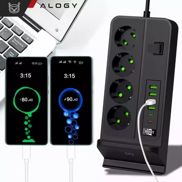 Alogy Plug Extender zásuvka splitter splitter adaptér predlžovací kábel s Qi indukčnou nabíjačkou 4x EU zástrčka 4x USB 2x USB-C Čierny