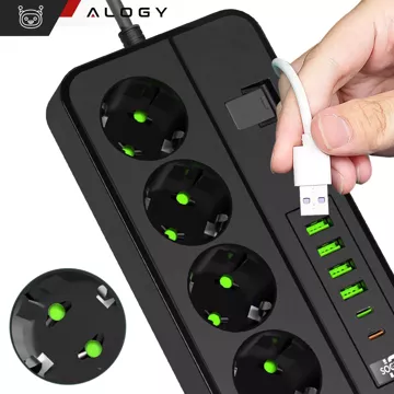 Alogy Plug Extender zásuvka splitter splitter adaptér predlžovací kábel s Qi indukčnou nabíjačkou 4x EU zástrčka 4x USB 2x USB-C Čierny