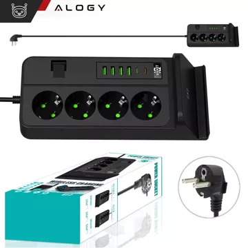 Alogy Plug Extender zásuvka splitter splitter adaptér predlžovací kábel s Qi indukčnou nabíjačkou 4x EU zástrčka 4x USB 2x USB-C Čierny