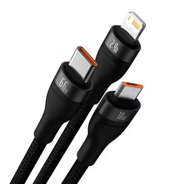 Baseus Flash Series Ⅱ 3v1 rýchlonabíjací kábel USB-A na USB-C / Micro-USB / Lightning 66 W 480 Mbps 1,2 m čierny