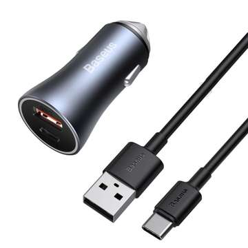 Baseus Golden Contactor Pro nabíjačka do auta, USB USB-C, QC4.0, PD, SCP, 40W (sivý) kábel USB na USB-C 1m