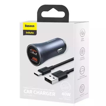 Baseus Golden Contactor Pro rýchla autonabíjačka 2x USB 40 W Quick Charge SCP FCP AFC USB kábel - USB Type C sivý (TZCCJD-A0G)