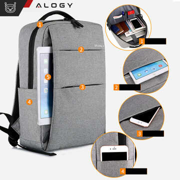 Batoh taška na notebook 15,6" veľká vodeodolná s USB portom Unisex 44x34x13cm do lietadla Alogy Backpack Grey