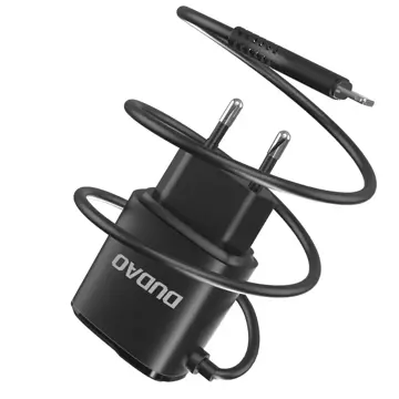 Dudao 2x USB nástenná nabíjačka so vstavaným 12W Lightning káblom čierna (A2ProL čierna)