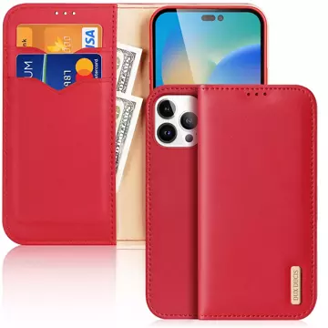 Dux Ducis Hivo Leather Flip Cover Originálna kožená peňaženka na karty a dokumenty iPhone 14 Pro Max Red