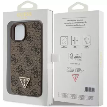 Etui Guess GUHCP15SP4TDPW na iPhone 15 6,1" brązový/hnedý pevný kryt kožený 4G Triangle Strass