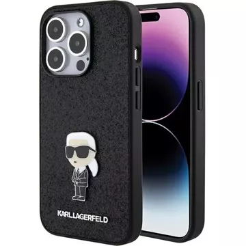 Etui Karl Lagerfeld KLHCP15LGKNPSK na iPhone 15 Pro 6,1" čierny/čierny pevný obal s pevným trblietavým logom Ikonik kovový špendlík