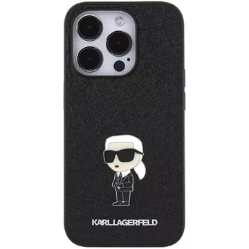 Etui Karl Lagerfeld KLHCP15LGKNPSK na iPhone 15 Pro 6,1" čierny/čierny pevný obal s pevným trblietavým logom Ikonik kovový špendlík