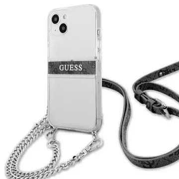 Guess GUHCP13SKC4GBSI iPhone 13 mini 5,4" priehľadné pevné puzdro 4G šedý remienok strieborná retiazka