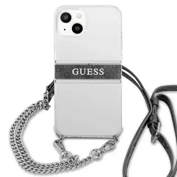 Guess GUHCP13SKC4GBSI iPhone 13 mini 5,4" priehľadné pevné puzdro 4G šedý remienok strieborná retiazka