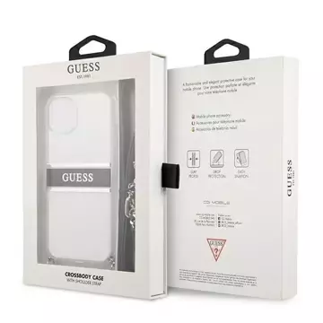 Guess GUHCP13SKC4GBSI iPhone 13 mini 5,4" priehľadné pevné puzdro 4G šedý remienok strieborná retiazka