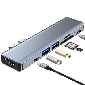 Hub adaptér USB V5-HUB 7w1 2x USB-C sivý