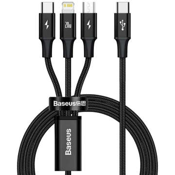 Kábel 3w1 Baseus Rapid Series USB-C do micro USB Lightning USB-C PD 20W 1,5m Čierny