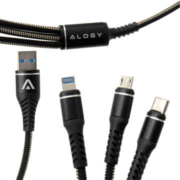 Kábel Alogy Nylon 3w1 USB-C Typ C Lightning micro USB 5A čierny