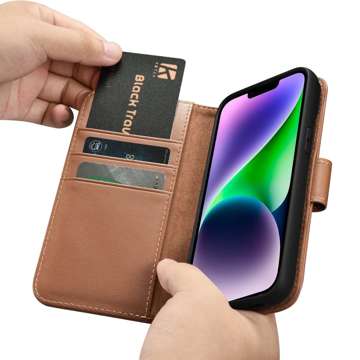 Kožené flipové puzdro iCarer Wallet Case 2v1 iPhone 14 Plus Anti-RFID hnedé (WMI14220727-BN)