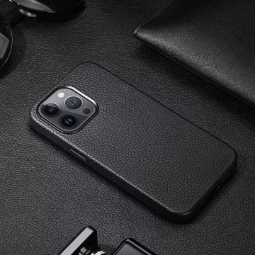 Kožené puzdro Dux Ducis Roma pre iPhone 13 Pro elegantné puzdro z pravej kože čiernej farby