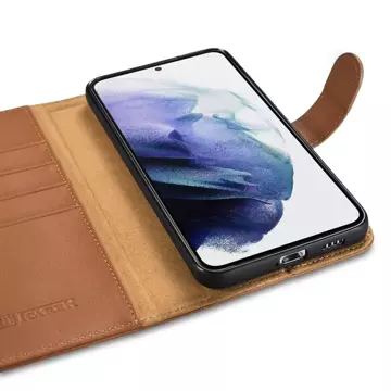 Kožené puzdro na peňaženku iCarer Haitang Kožené puzdro pre Samsung Galaxy S22 Kryt puzdra na peňaženku hnedý (AKSM04BN)