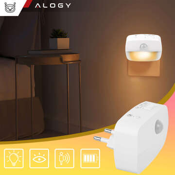 LED nočná lampa s pohybovým senzorom do EU zásuvky, 3 farby svetla Alogy Night Light White