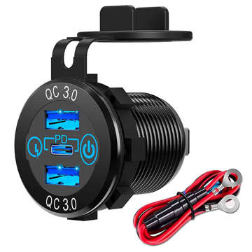 LED zásuvka nabíjačky do auta Alogy Mini nabíjačka do auta pre motocykel Konektory napájacieho adaptéra Alogy 2x USB QC 3.0 USB-C PD 60W