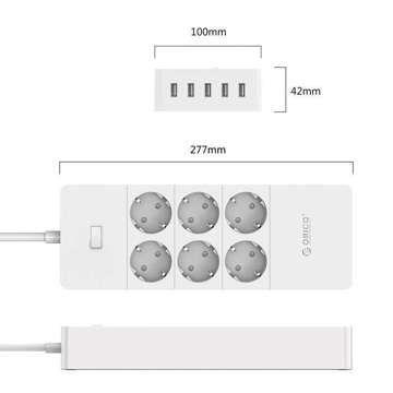Orico predlžovací kábel, 6 zásuviek 5x USB, 4000W (biela)
