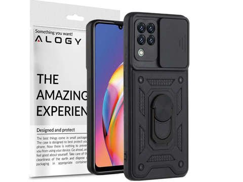 Pancierové puzdro s krytom fotoaparátu Alogy Stand Ring Armor pre Galaxy A22 / M22 4G čierne