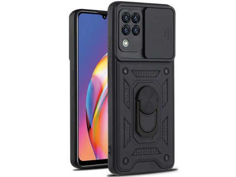 Pancierové puzdro s krytom fotoaparátu Alogy Stand Ring Armor pre Galaxy A22 / M22 4G čierne