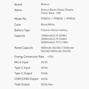 Power banka s displejom Baseus Bipow 10000mAh 15W biela (Overseas Edition) USB-A - Micro USB kábel 0,25m biely (PPBD050002)