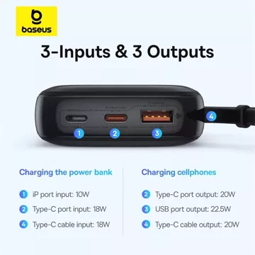 Powerbanka Baseus Qpow Pro 10000mAh 22,5W so vstavaným káblom USB-C a displejom - čierna