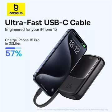 Powerbanka Baseus Qpow Pro 10000mAh 22,5W so vstavaným káblom USB-C a displejom - čierna