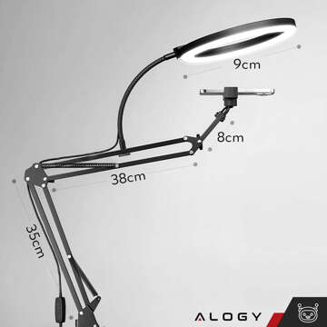 Prstencová LED lampa na kreslenie Alogy s ohybným ramenom a stojanom na stôl, držiak na telefón, čierna