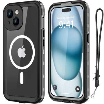 Puzdro na iPhone 15 vodotesné Mag Safe Case pancierové vodotesné puzdro čiernej a šedej farby