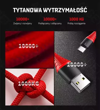 ROCK SPACE Zosilnený USB C kábel 3A 1m Červený