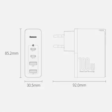 Rýchla nabíjačka Baseus GaN2 Pro 100 W USB / USB Type C Quick Charge 4 Power Delivery biela (CCGAN2P-L02)